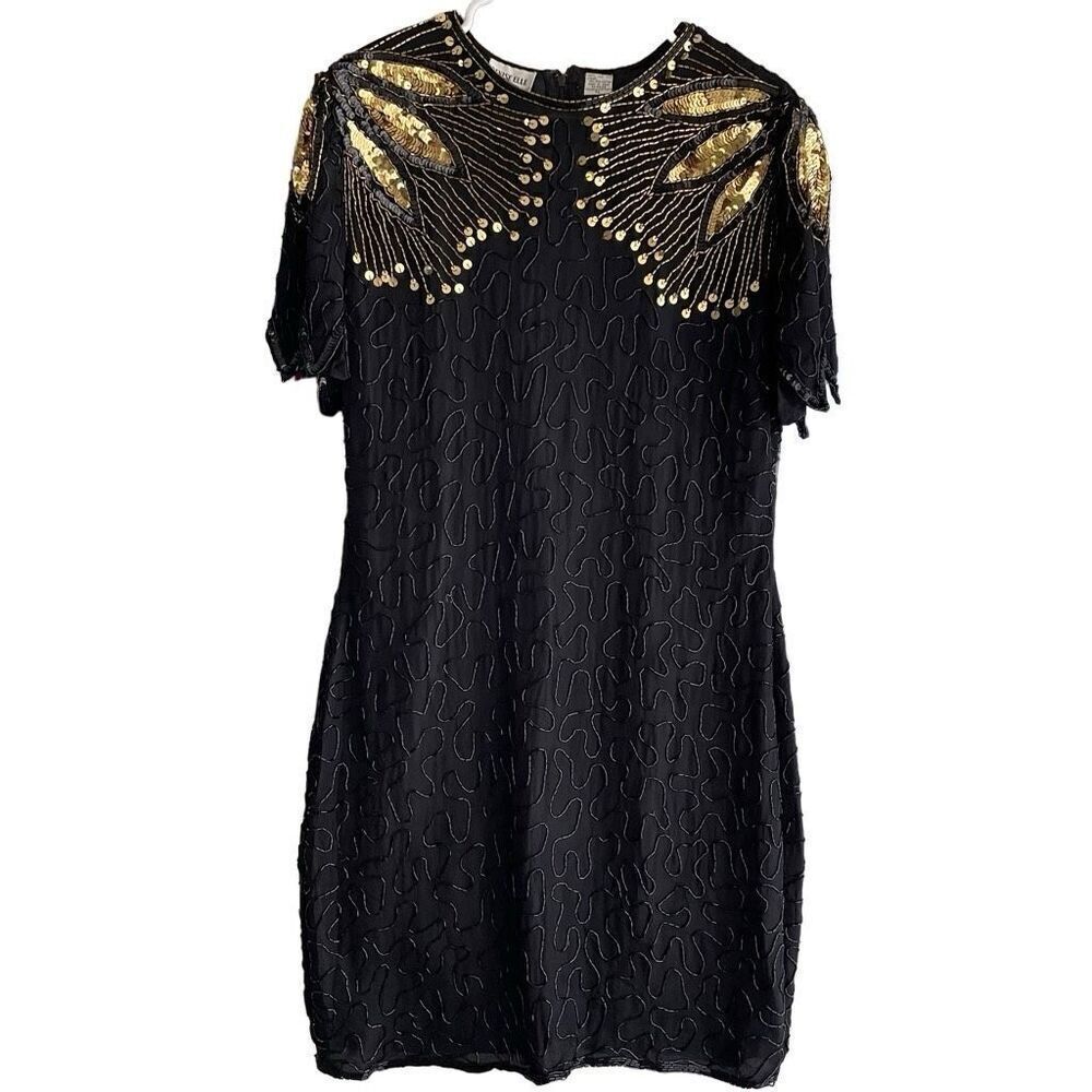 Vtg Denise Elle Womens Silk Cocktail Dress PL Black Gold Beaded Sequin New Years